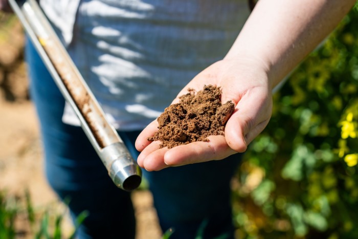 Un lucrător Loam ține solul colectat în centura australiană de grâu din New South Wales. Start-up-ul îi ajută pe fermieri să își vândă creditele de carbon către companiile care doresc să își compenseze emisiile 