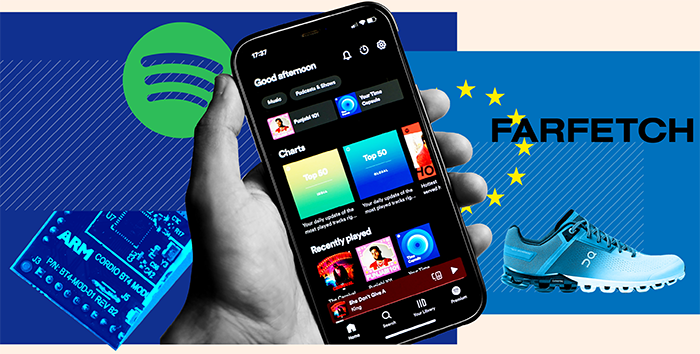 Un logo Spotify, un smartphone și un logo Farfetch