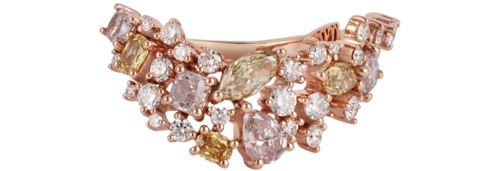 Cum arată un inel de logodnă mai aventuros? Inel Ananya din aur roz și diamante albe, galbene și roz Magnificent Jewels Volume One, 9.800 de lire sterline