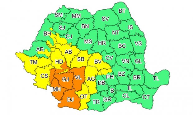 Avertizare meteo ANM de ploi torenţiale cu 40-50 l/mp în intervale scurte. Harta zonelor afectate de fenomene extreme