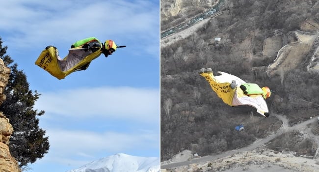 Bărbatul care pleacă de la serviciu zburând în „wingsuit”