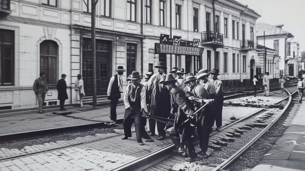 Cum au fost montați primii 5 km de șine de tramvai în Bucureștiul din 1912
