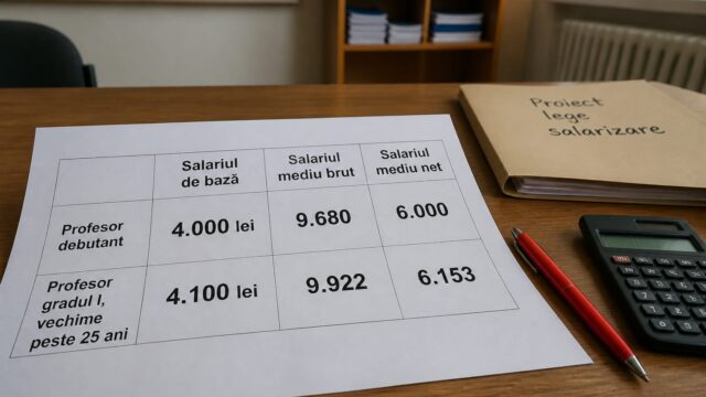 4.000 de lei, nu 4.100, în proiectul salarizării din educație. Un profesor cu grad I coboară de la 9.922 la 9.680 de lei