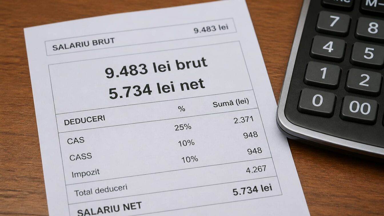 La 9.483 lei brut, salariul net a fost de 5.734 lei în iunie 2026. Află cum se calculează reținerile obligatorii din fluturaș